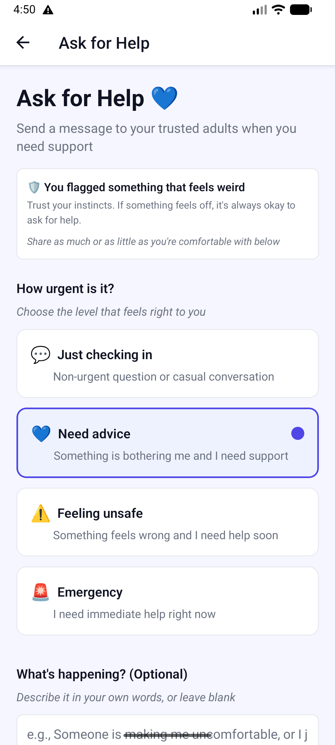 Ask for Help screen showing urgency choices and a direct path to reach trusted adults.