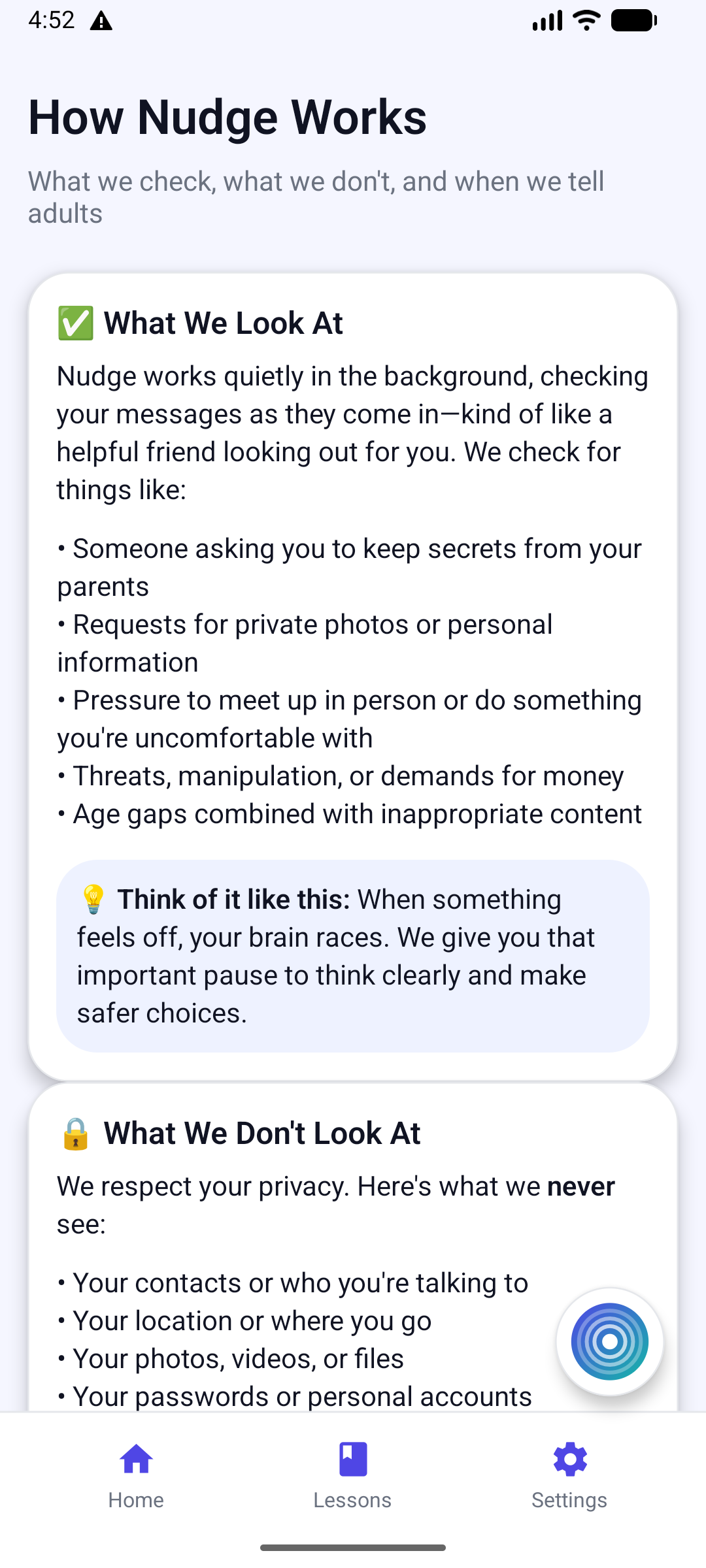 How Nudge Works screen describing what the app looks at and what it does not.