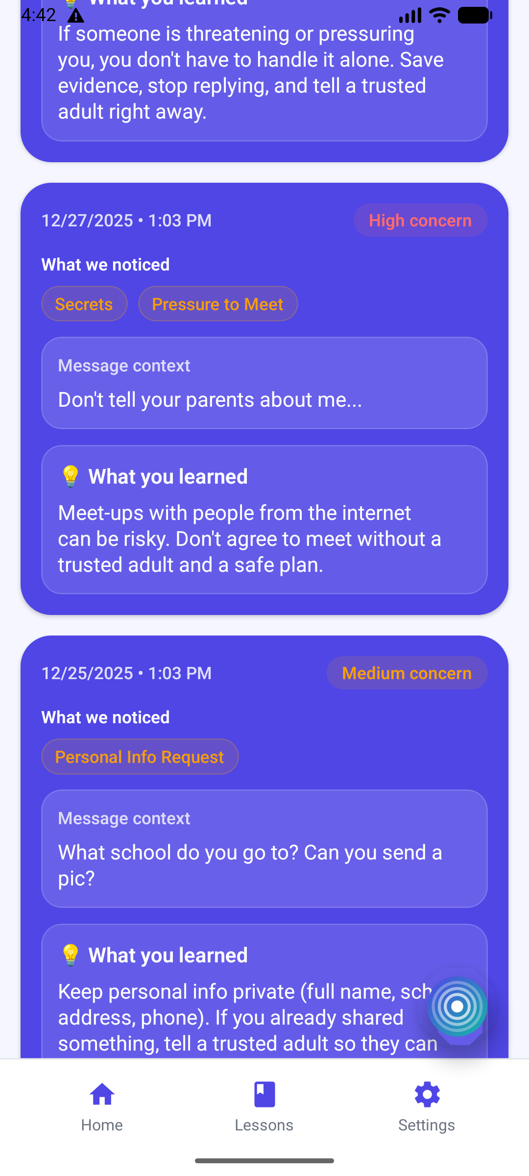 Lesson screen showing examples of what Nudge noticed and what the teen learned.
