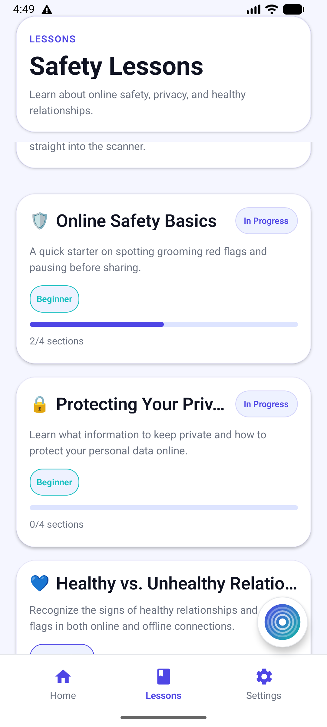 Safety Lessons screen in the Nudge app.